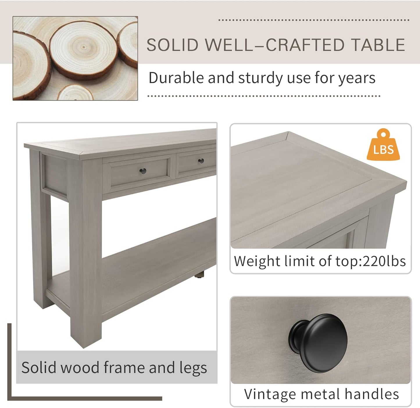 Solid Wood Console Table,Long Sofa Table Entryway Table with 4 Drawers and Bottom Shelf for Hallway Living Room Couch Table,Fully Assembled (63" Gray Wash)