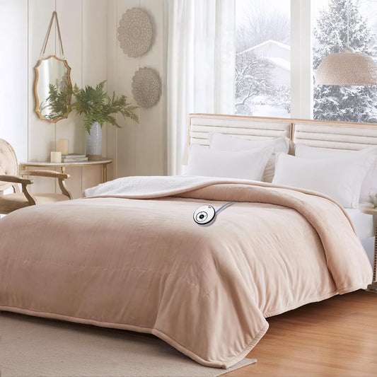 Sealy Electric Blanket Full Size 80"*84",Super Cozy Flannel to Sherpa Reversible Heated Blanket Full Size with 10 Heating Levels & 1-12 Hours Auto Off Overheating Protection Machine Washable, Beige
