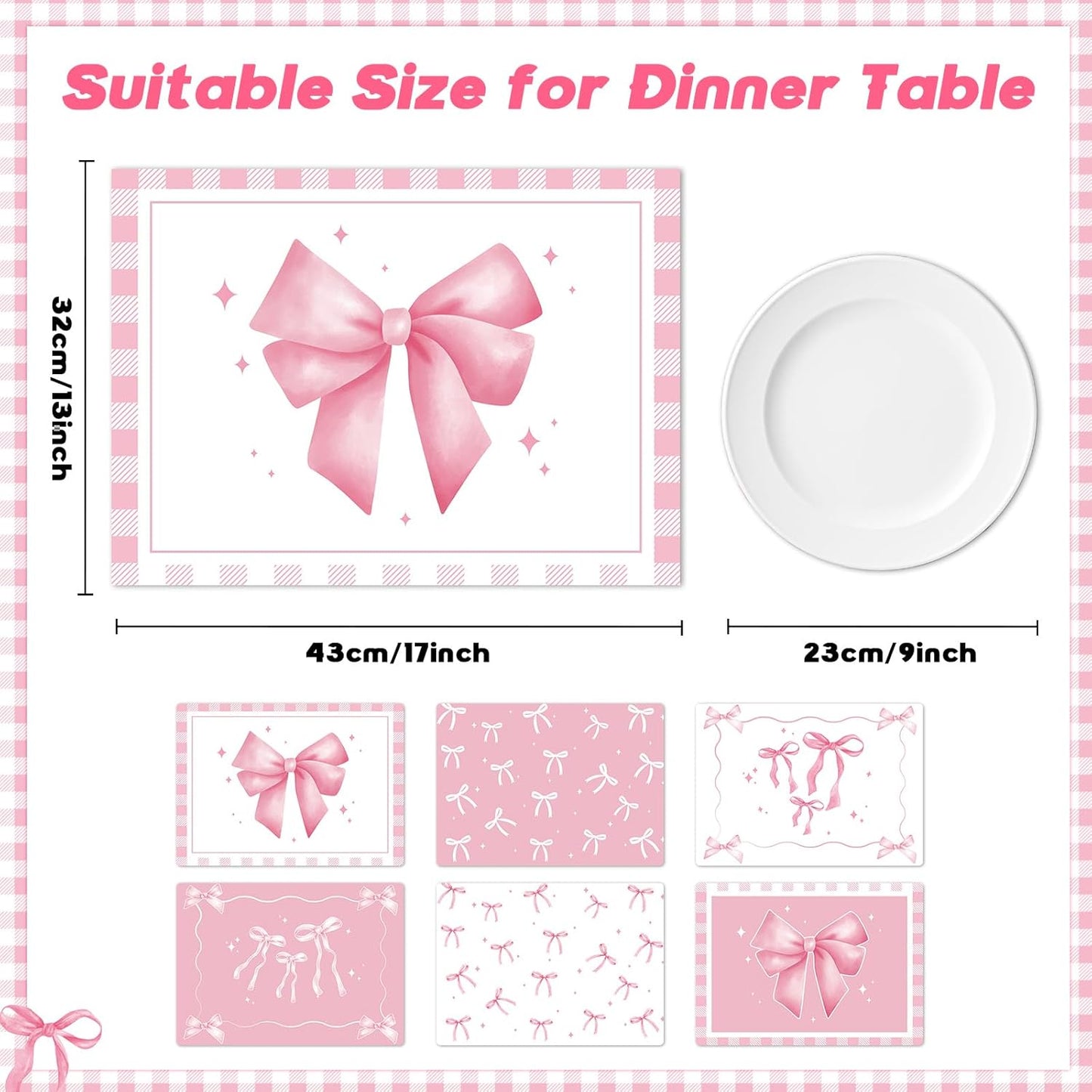 Pink Bow Plastic Place Set of 6 Cute Coquette Butterfly Bowknot Dinner Table Mats Pink Ribbon Bow Mats Wedding Baby Shower Birthday Table Decoration for Indoor Outdoor Party Kitchen Dining