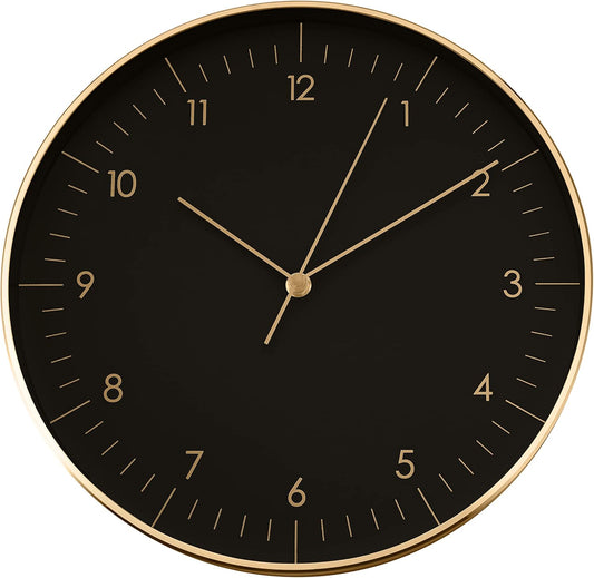 LUUK LIFESTYLE Modern Wall Clock with Silent Quartz Movement, Stylish & Functional, Decoration for Bedroom, 12 inch, in Black & Gold
