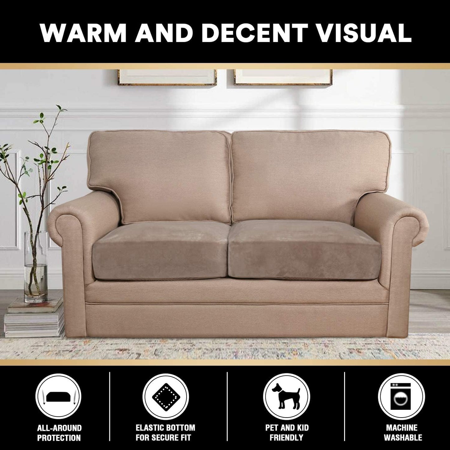 PrinceDeco Velvet Couch Cushion Cover Soft Stretch Cushion Slipcover for Chair Loveseat Sofa Cushion Furniture Protector Seat Cushion Sofa Cover (2 Piece Large Sofa Cushion Covers, Taupe)