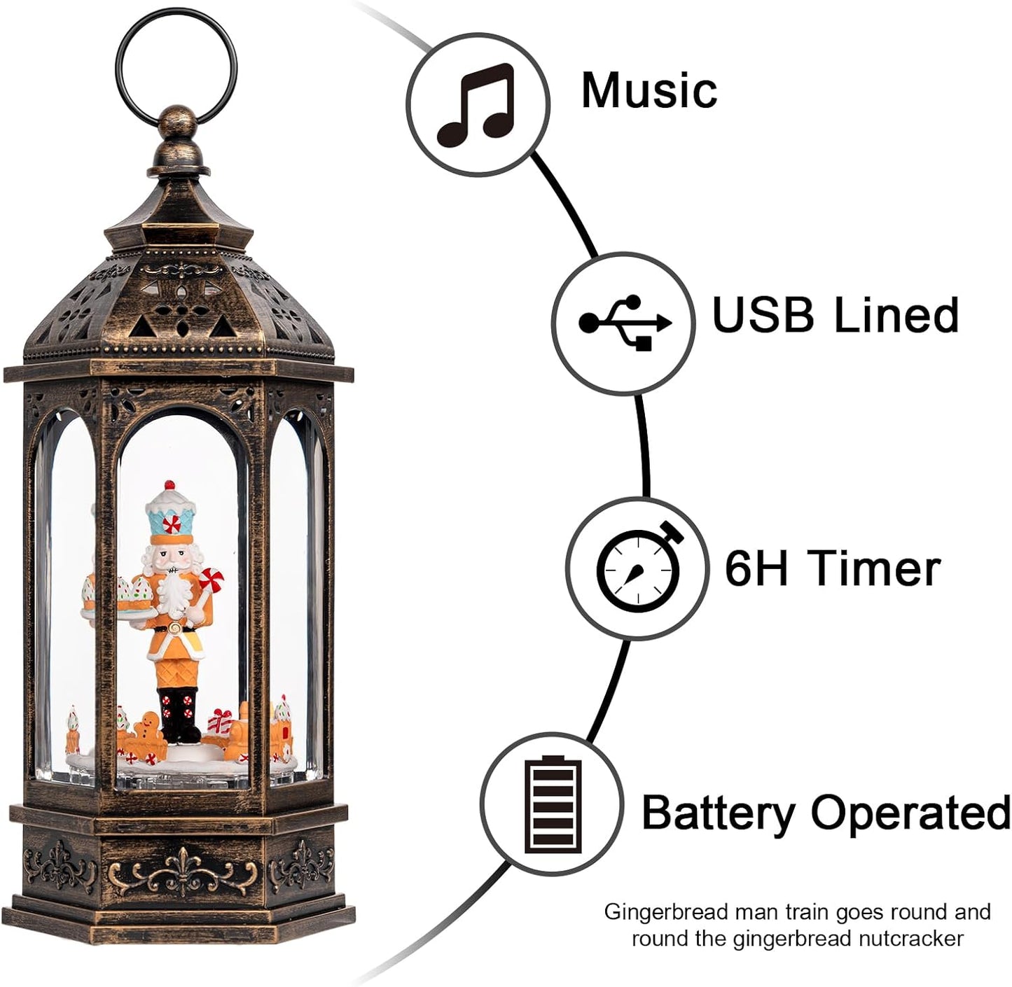 Animated Gingerbread Nutcracker with Moving Figurines Lighted Water Lantern, USB Lined/Battery Operated Snow Globe for Christmas Festival Decoration Gifts