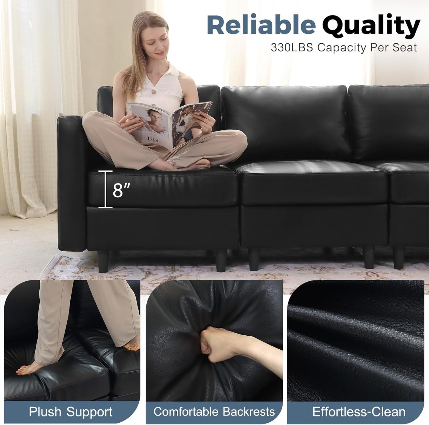 91.5" Faux Leather Modular Sectional Sofa, L Shaped Couch Set for Living Room, 3-Seater Comfy Cloud Couches with Movable Storage Ottoman,DIY Combination - Black