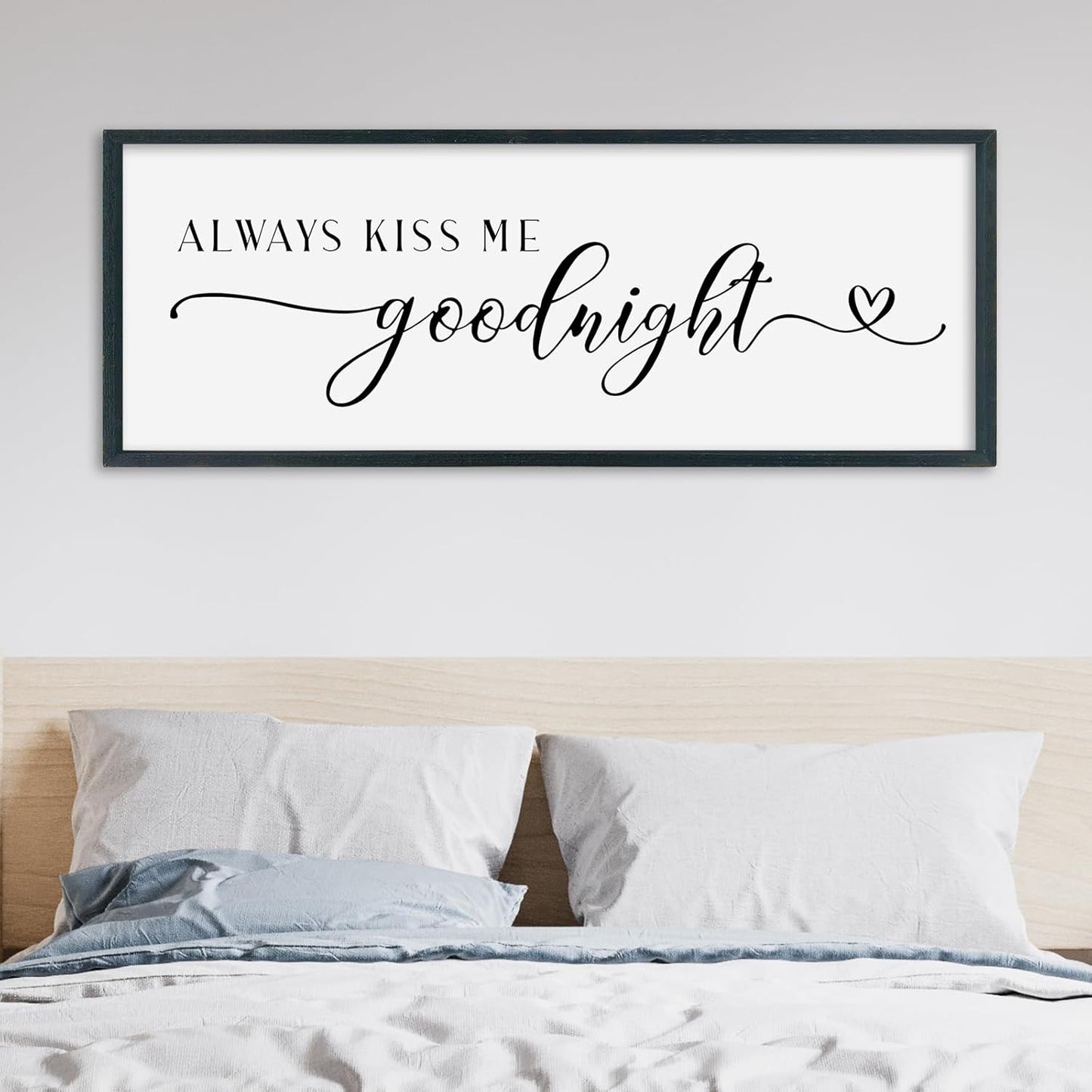 SRSZHIYUE Always Kiss Me Goodnight Sign Wall Decor Art for Master Bedroom Above Bed 32"×12" Large Wood Framed Wall Hanging (Black)