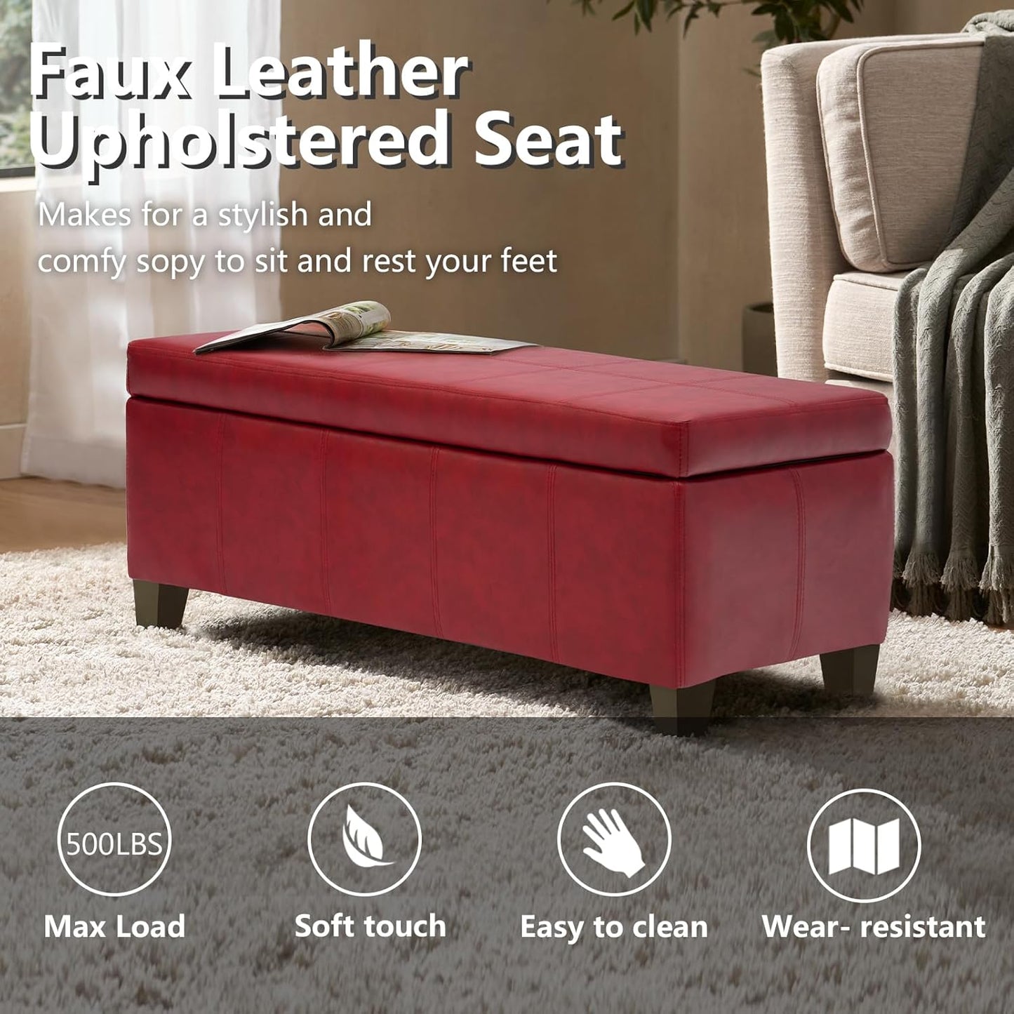 Faux Leather Ottoman with Storage, Rectangular Extra Long Storage Bench for Bedroom and Living Room, Midnight Red