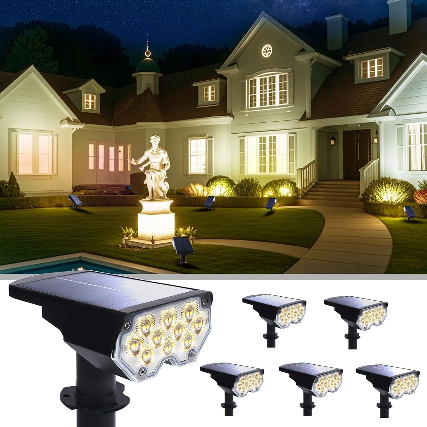 6 Pack Solar Powered Outdoor Spot Lights Outside Waterproof 20 LEDs Landscape Spotlights Dusk to Dawn for House Yard Tree, Plants, Walls, Path, Garden, Statues, Superior Accent Lamp Warm White