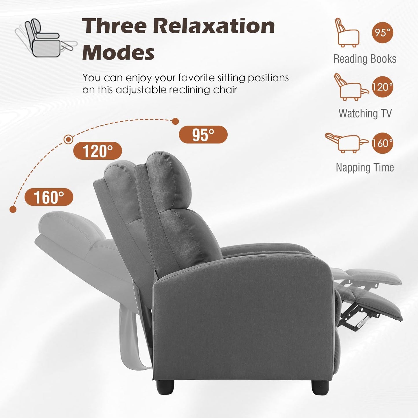 BestMassage | Recliner Chair | No Massage Function | Textile Grey | with Lumbar Support, Adjustable Push Back, Wide Armrests, Footrest & Padded Seat | Easy Assembly | for Living Room, Home Theatre