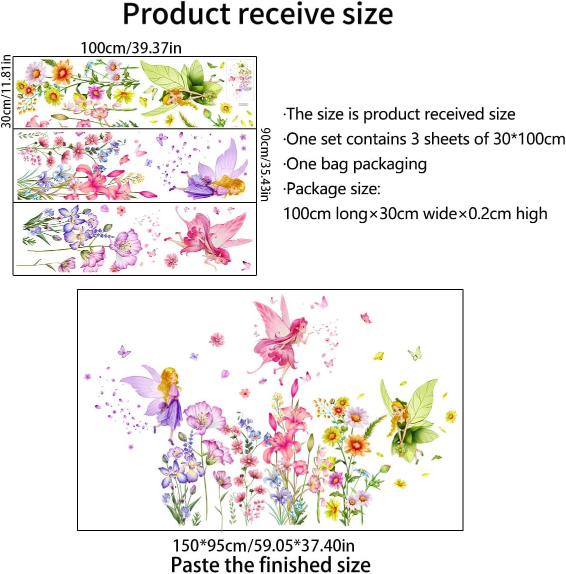 Set of 3 Sheets Size 40x12 Inch Spring Summer Window Cling Sticker Angels, Flowers, and Butterfly Window Stickers, Spring and Summer Decor, Wall, Window Glass Display Stickers (Fairy Theme)