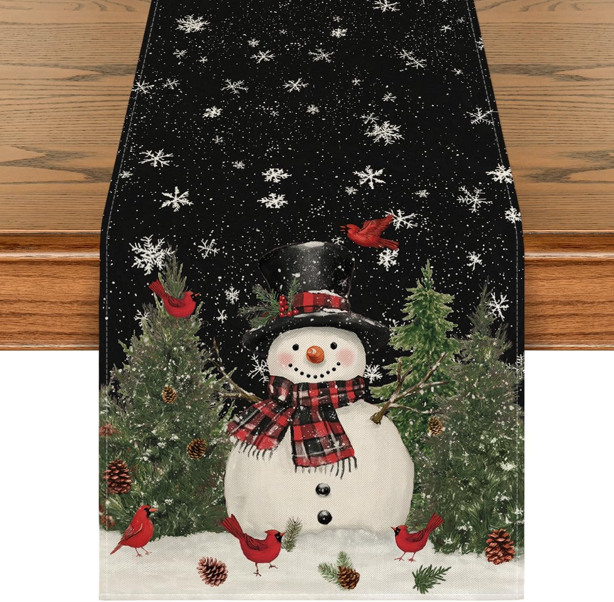 Artoid Mode Snowman Birds Trees Christmas Table Runner, Seasonal Black Winter Holiday Kitchen Dining Table Decoration for Home Party Decor 13 x 60 Inch