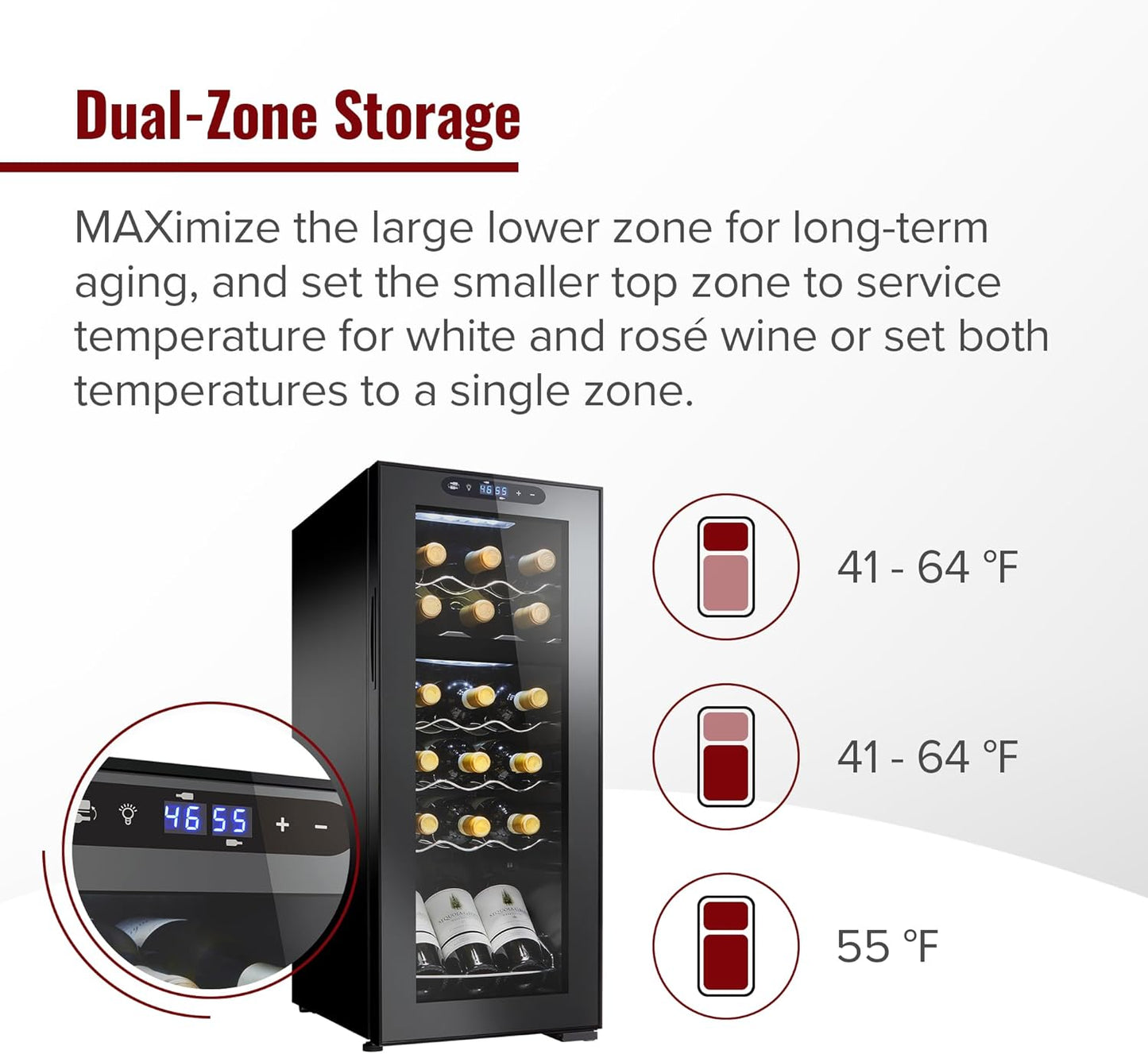 Wine Enthusiast 18-Bottle Dual Zone MAX Compressor Wine Cooler – Freestanding Beverage Refrigerator, Mini Fridge with Digital Touchscreen, Split Storage, Energy-Efficient Cooling, and LED Display