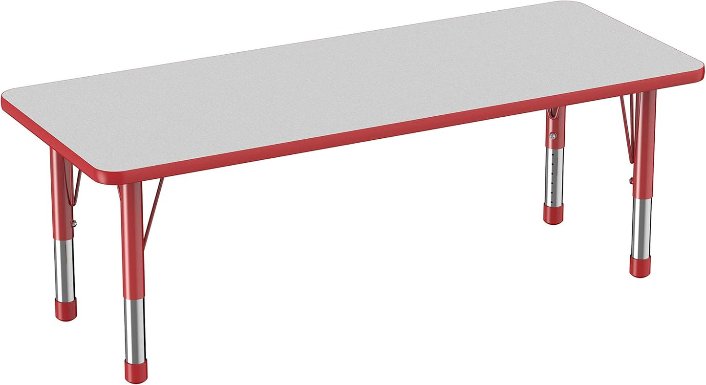 FDP Rectangle Activity School and Classroom Kids Table (24 x 60 inch), Chunky Toddler Legs, Adjustable Height 15-24 inches - Gray Top and Red Edge
