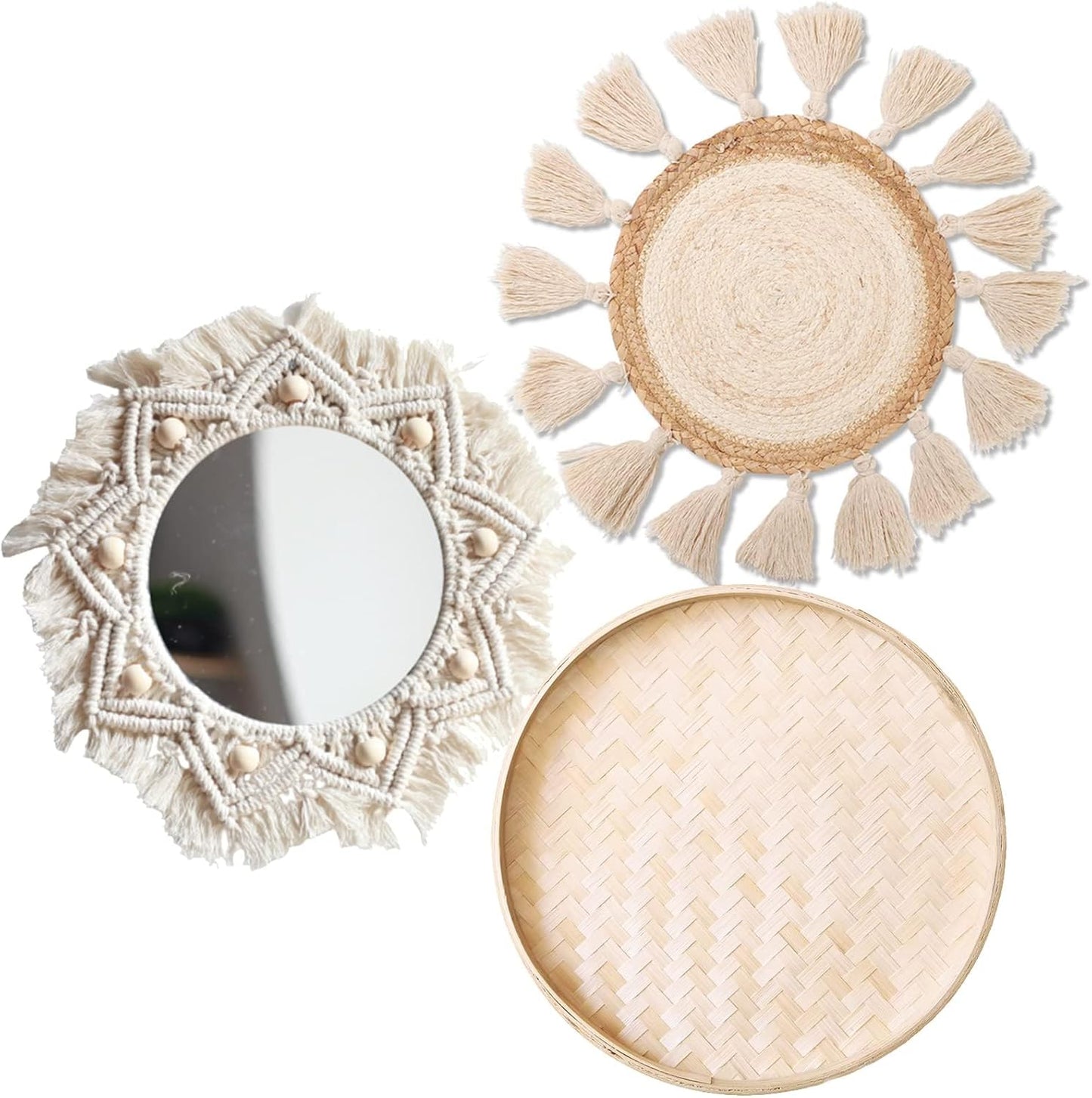 Boho Wall Basket Decor Set - Flat Woven Macrame Tapestry, Mirror White Round Tassels, Handmade Rattan Wicker Seagrass Wall Basket