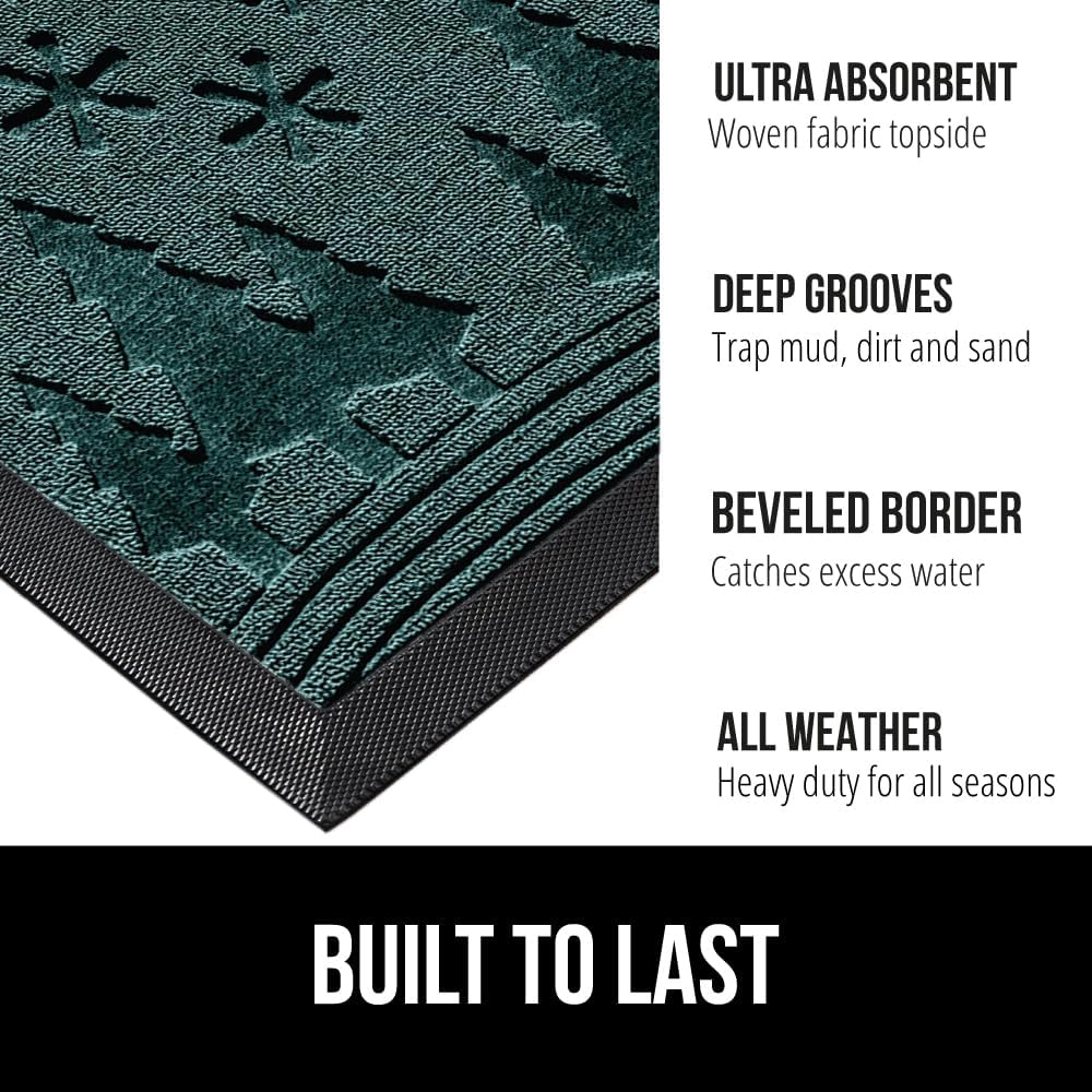 GORILLA GRIP 100% Waterproof All-Season WeatherMax Doormat 35x23, US Designed Natural Rubber, Stain and Fade Resistant, Low Profile Indoor Outdoor Door Mats, Easy Clean Patio Mat, Green Snowscape