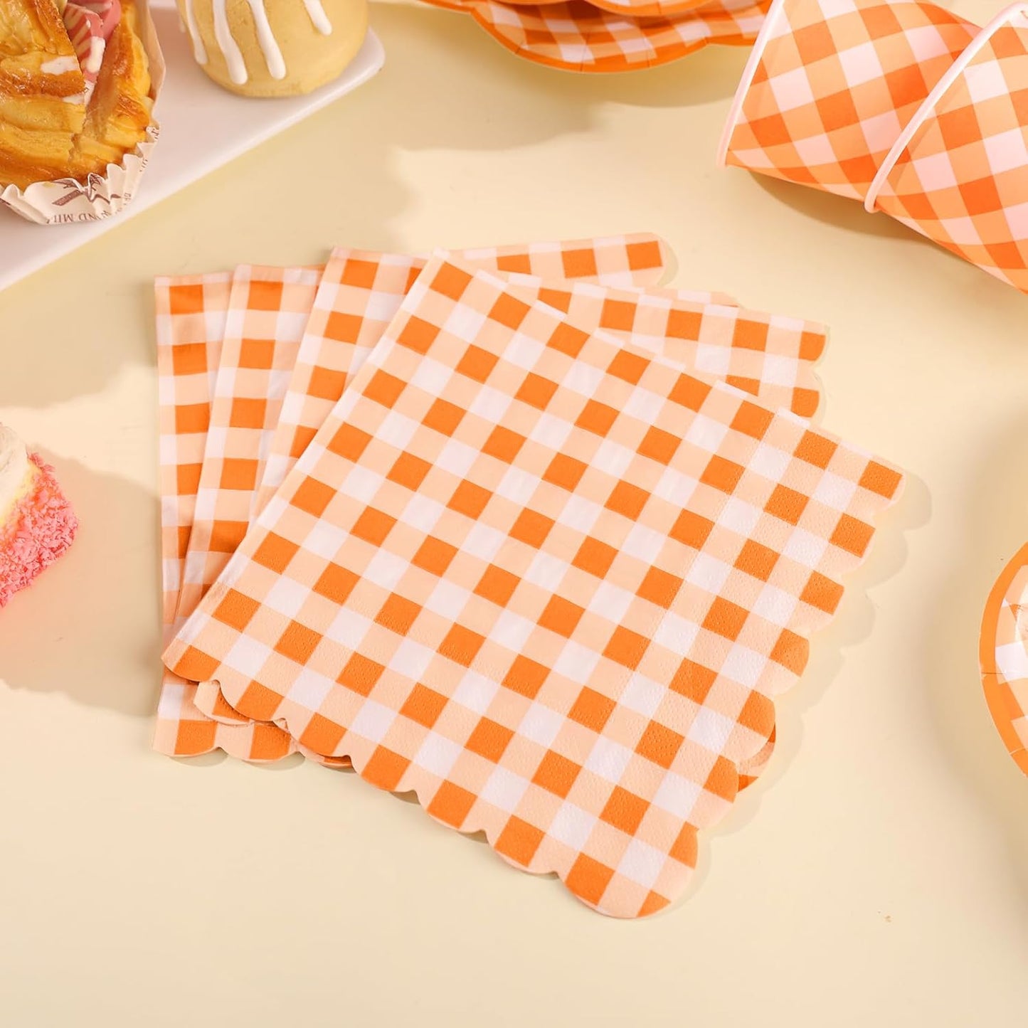 175 Pcs Orange and White Gingham Party Supplies - Orange Gingham Paper Plates and Napkins Sets Serve 25 - Scalloped Checkered Plates for Birthday Picnic Fall Halloween Thanksgivng Party Decorations