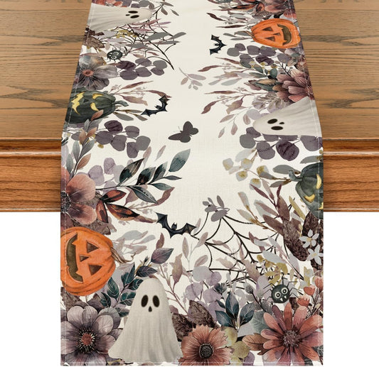 Artoid Mode Jack-O'-Lantern Pumpkin Floral Ghost Halloween Table Runner, Eucalyptus Kitchen Dining Table Decoration for Home Party Decor 13x48 Inch
