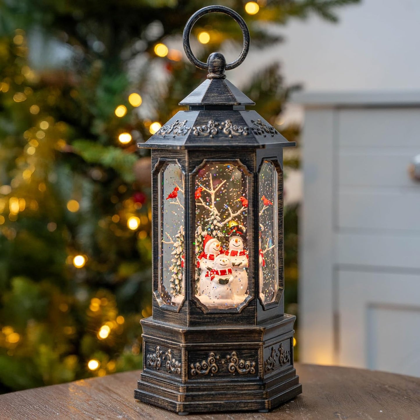 Christmas Snow Globe Swirling Glittering Snowman Choir & Cardinal with Music & Timer, USB Lined/Battery Operated Lighted Water Lantern for Christmas Festival Decoration Gifts