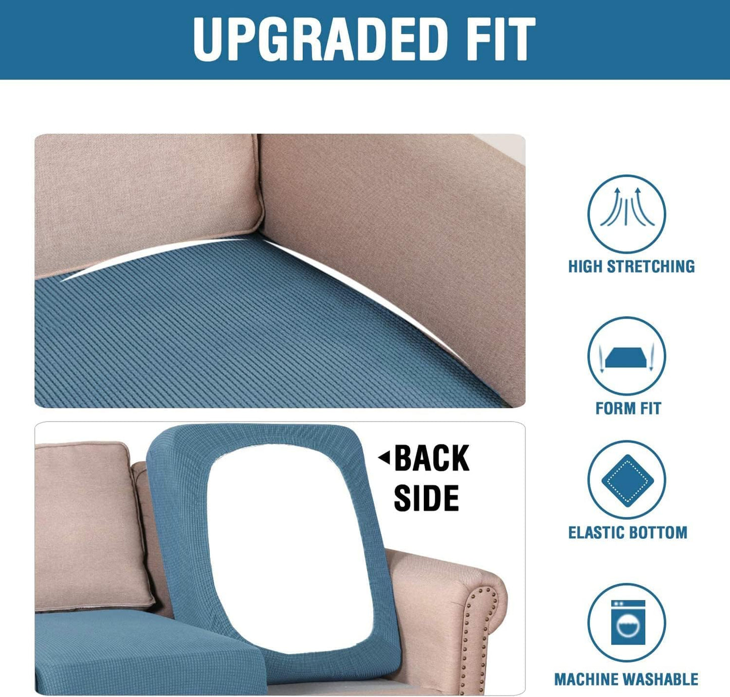 H.VERSAILTEX Super Stretch Individual Seat Cushion Covers - Sofa & Couch Cushion Slipcover Sets - Thick Jacquard Textured Twill Fabric (3 Piece XL Sofa Cushion Covers, Dusty Blue)