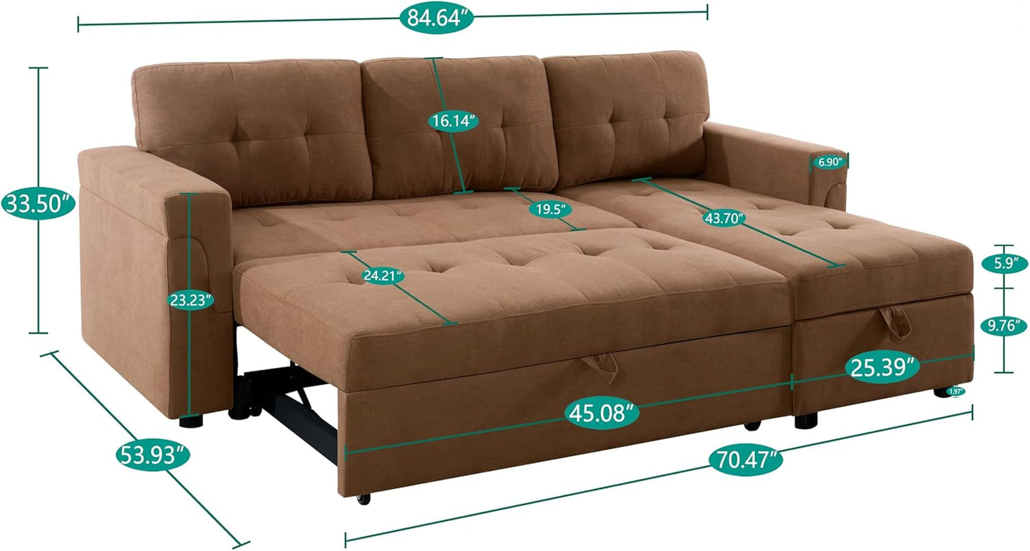 Naomi Home L-Shaped Reversible Sectional Sofa with Pull-Out Sleeper Bed and Storage Chaise, Caramel Air Leather