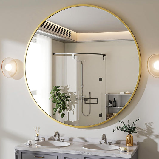BEAUTYPEAK 48 Inch Round Mirror, Metal Frame Circle Mirror, Wall Mounted for Entryway, Bathroom, Vanity, Living Room, Gold