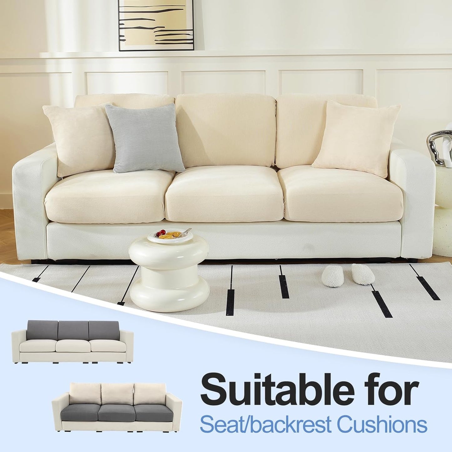 Large Backrest Cushion Covers Super Stretch Backrest Covers for 3 Cushion Couch Sofa, Couch Back Cushion Covers Featuring with Chenille Yarn (Softer Version, 3PC, Beige)