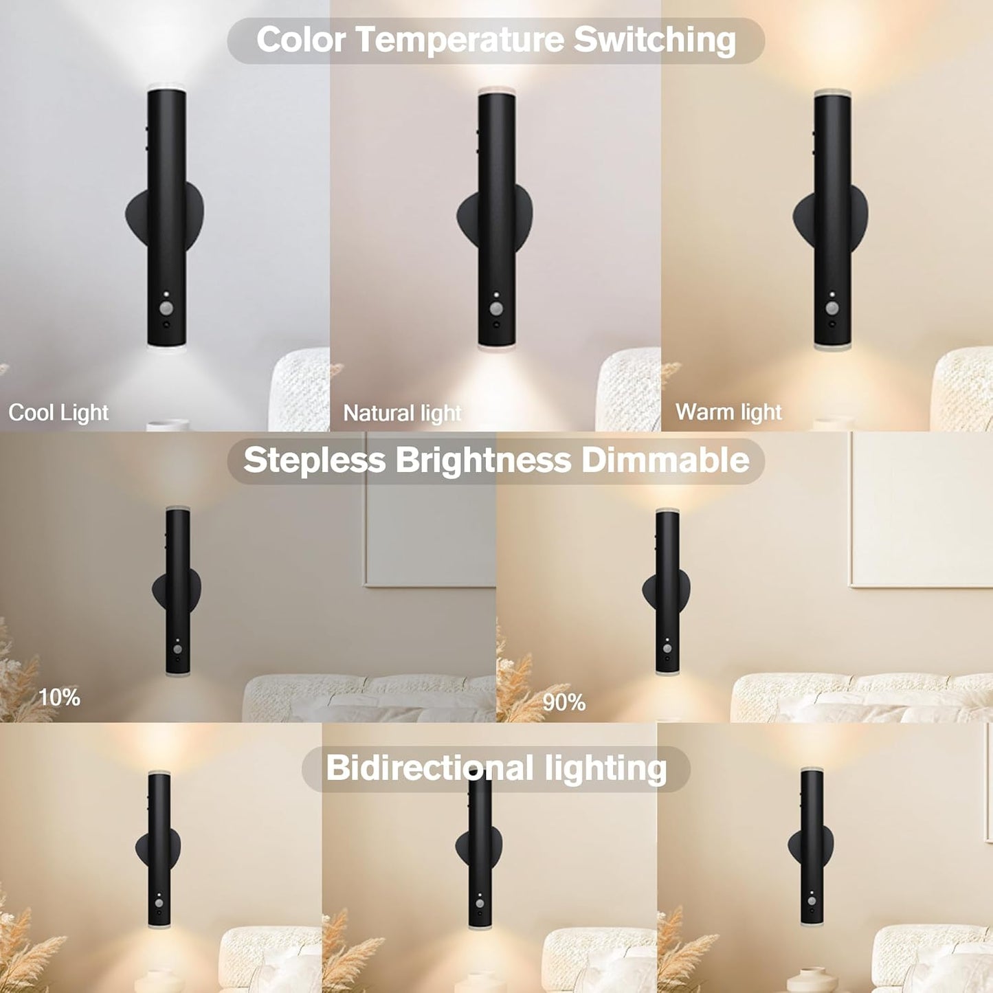 Battery Operated Wall Sconce, Rechargeable Wall Lights with Motion Sensor, Remote Control, Dimmable Metal Magnetic Wall Lamp for Decor, Bedroom, Living Room, Night Light (Black, 1Pcs)