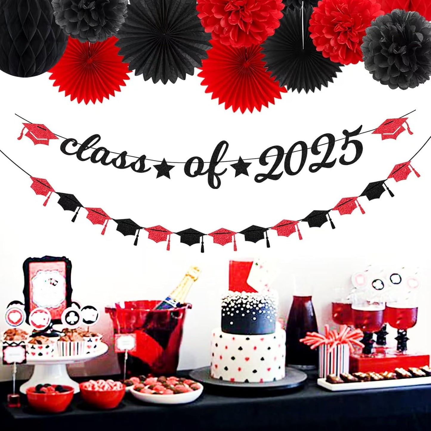 Red Black Party-Decoration Graduation Banner - 14pcs Kits Cap Garland Streamers, Paper Tissue Pom Poms Flowers Fans Honeycomb,Class Of 2025 College High School Grad Decor Hugfond
