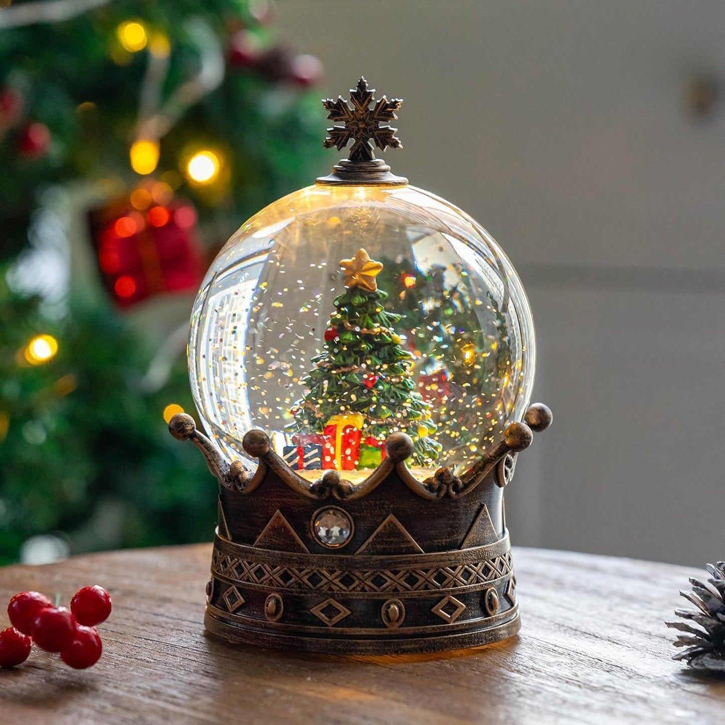 Christmas Snow Globe Lantern Water Glittering Christmas Tree Crown with Music, USB Lined/Battery Operated Lighted Lantern for Christmas Festival Decoration Gifts