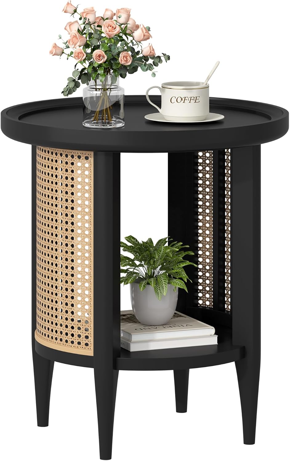 Yusong Round End Table Rattan Side Table with Solid Wood Legs, Boho Style Nightstand Bedside Table with 2-Tier Shelves, Small Coffee Table for Living Room Bedroom Small Spaces Black