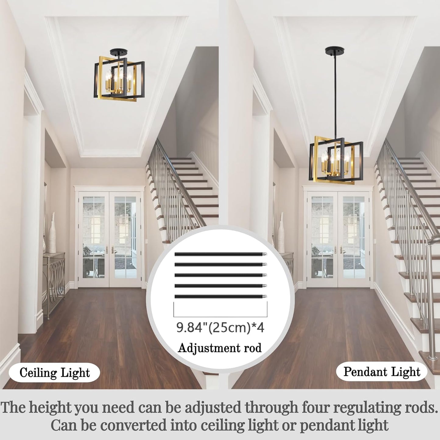 ANKYLHUA Black Gold Chandelier,6-Lights Ceiling Light Fixture E12,Adjustable Hight Pendant Lights Kitchen Island,Chandeliers for Dining Room,Bedroom,Entryway,Foyer