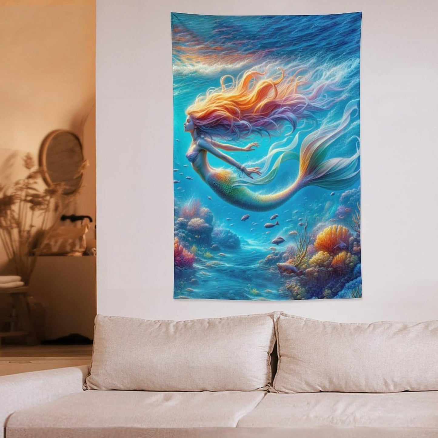 Mermaid Tapestry Ocean Tapestries Coastal Fabric Wall Hanging Aesthetic Space Indoor Outdoor Wall Art Tablecloth Bedspread Decoration for Girl’s Bedroom Dormitory Living Room Home Decor 40"x60"