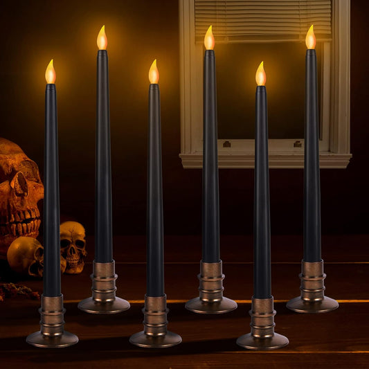 Alphatool 6 Packs Halloween Black LED Flameless Candles with Bases - Flicker Flame, Tall Taper Smokeless Dripless Candles, Decor for Fireplace Diningtable Bar School