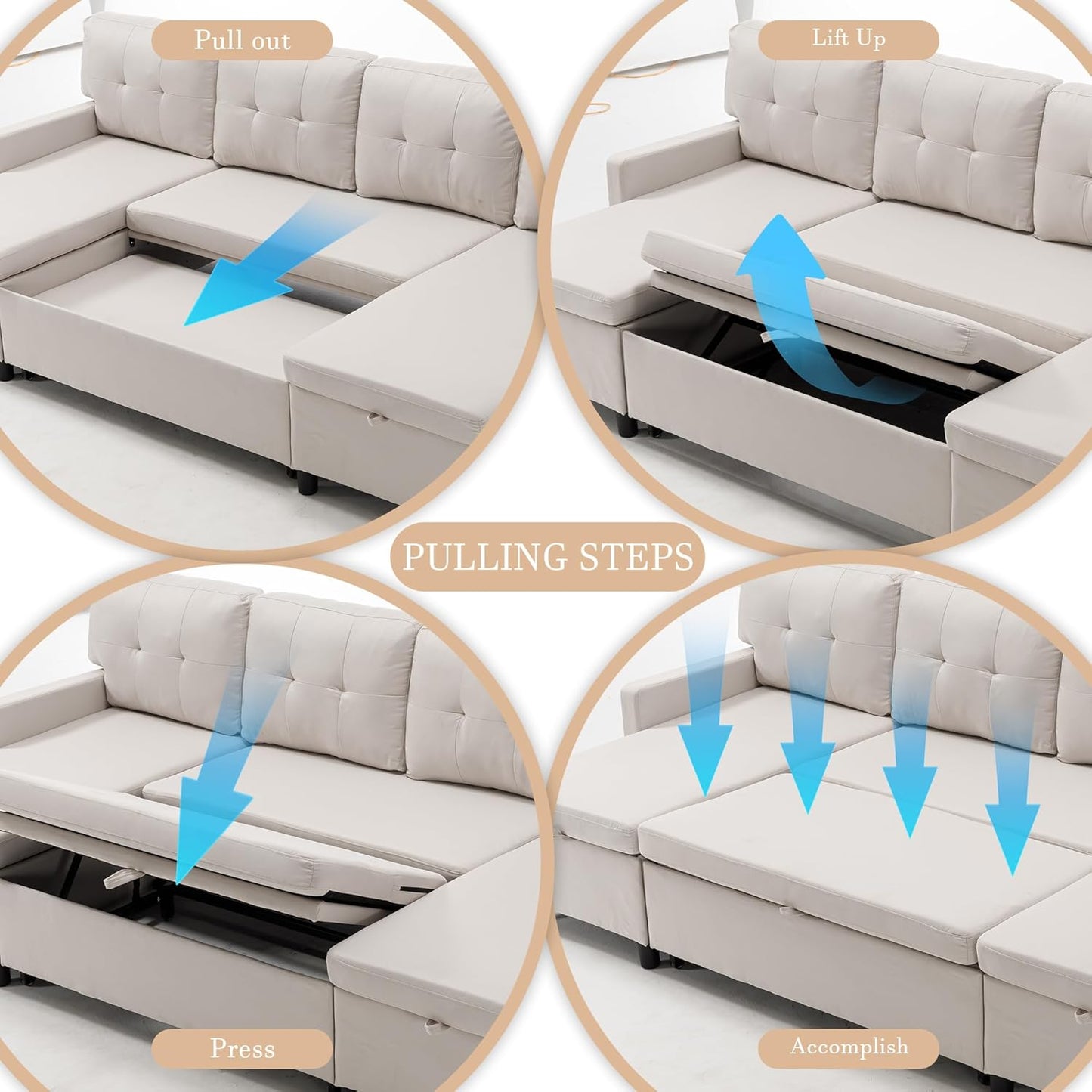 Pull Out Couch, Oversized Sleeper Sofa Couch, Sectional Sleeper Sofa Bed for Living Room Bedroom Lounge (Beige, 73 Inch)