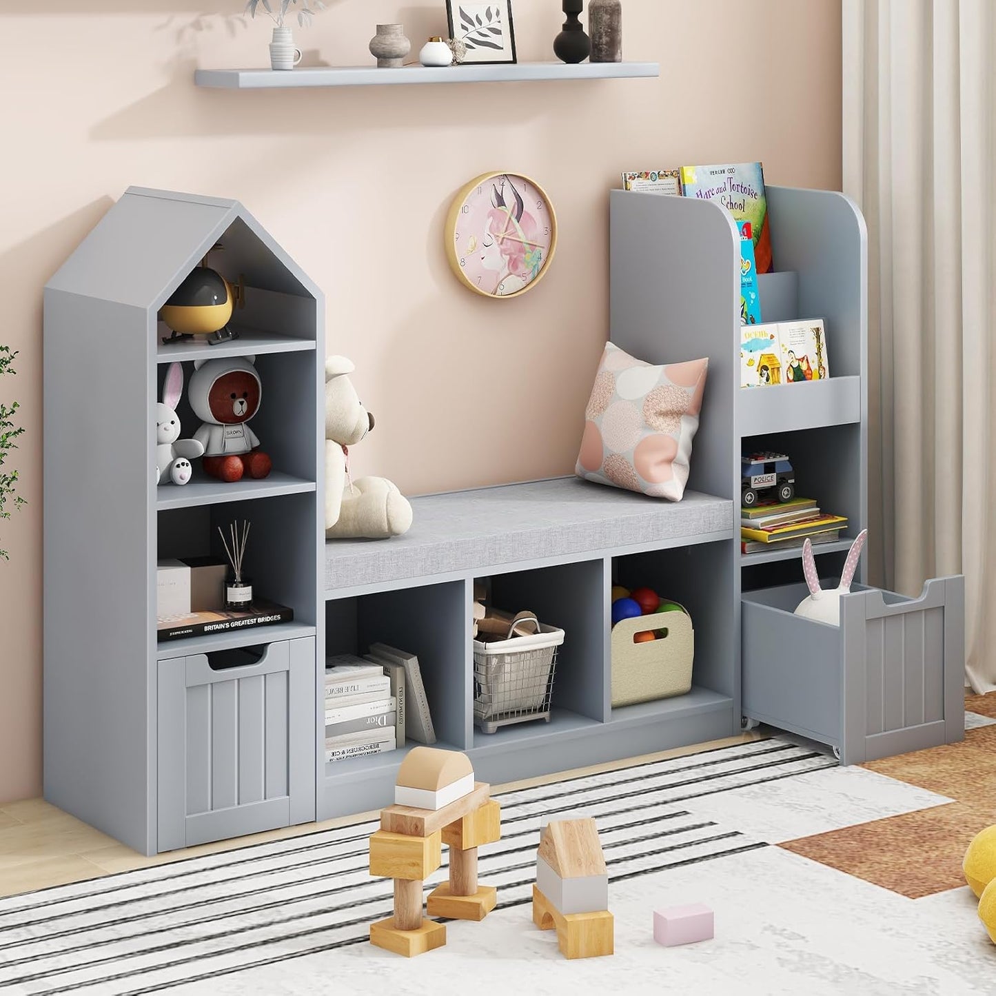 Vabches Toy Storage Organizer for Kids Bookshelf with Reading Nook, Multifunctional Bookcase with 7 Storage Cubbies, 2 Movable Drawers and Seat Cushion for Keeping Kids' Toys Books Organized, Grey