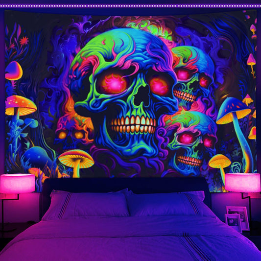 Xiaoput Skull Blacklight Tapestry, UV Reactive Skeleton for Bedroom, Halloween Wall Decor, Aesthetic Living Room Dorm 80x60IN