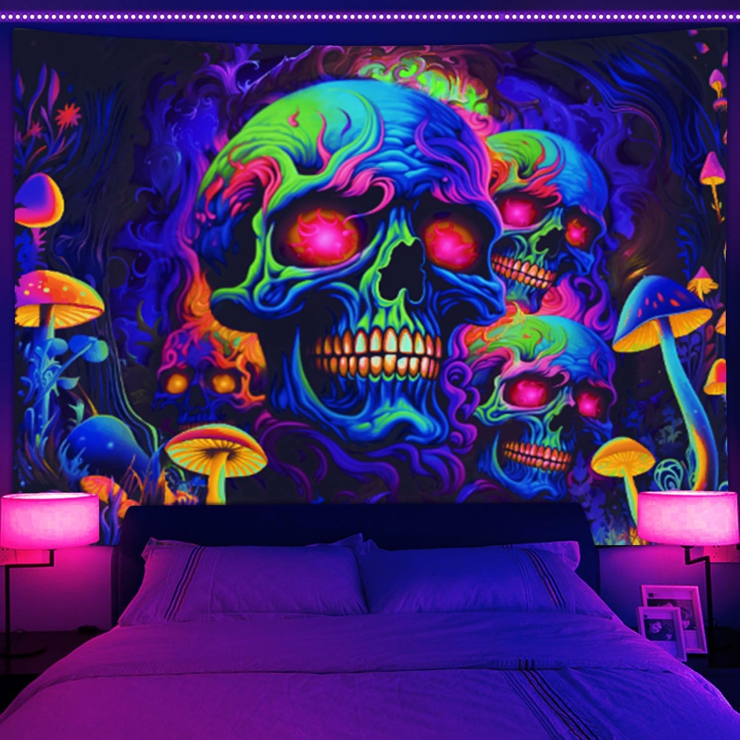 Xiaoput Skull Blacklight Wall Art, UV Reactive Skeleton Tapestry for Bedroom, Living Room, Dorm Decor 70x60IN