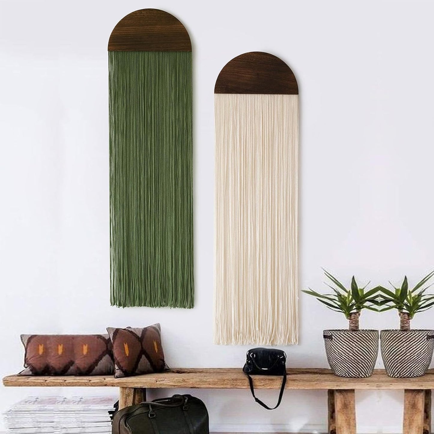 Flber 2 Pcs Macrame Wall Hanging Boho Decor Wall Tapestry Handmade Round Tassel 13.7" W x 51" L For Living Room Bedroom Headboard Decor