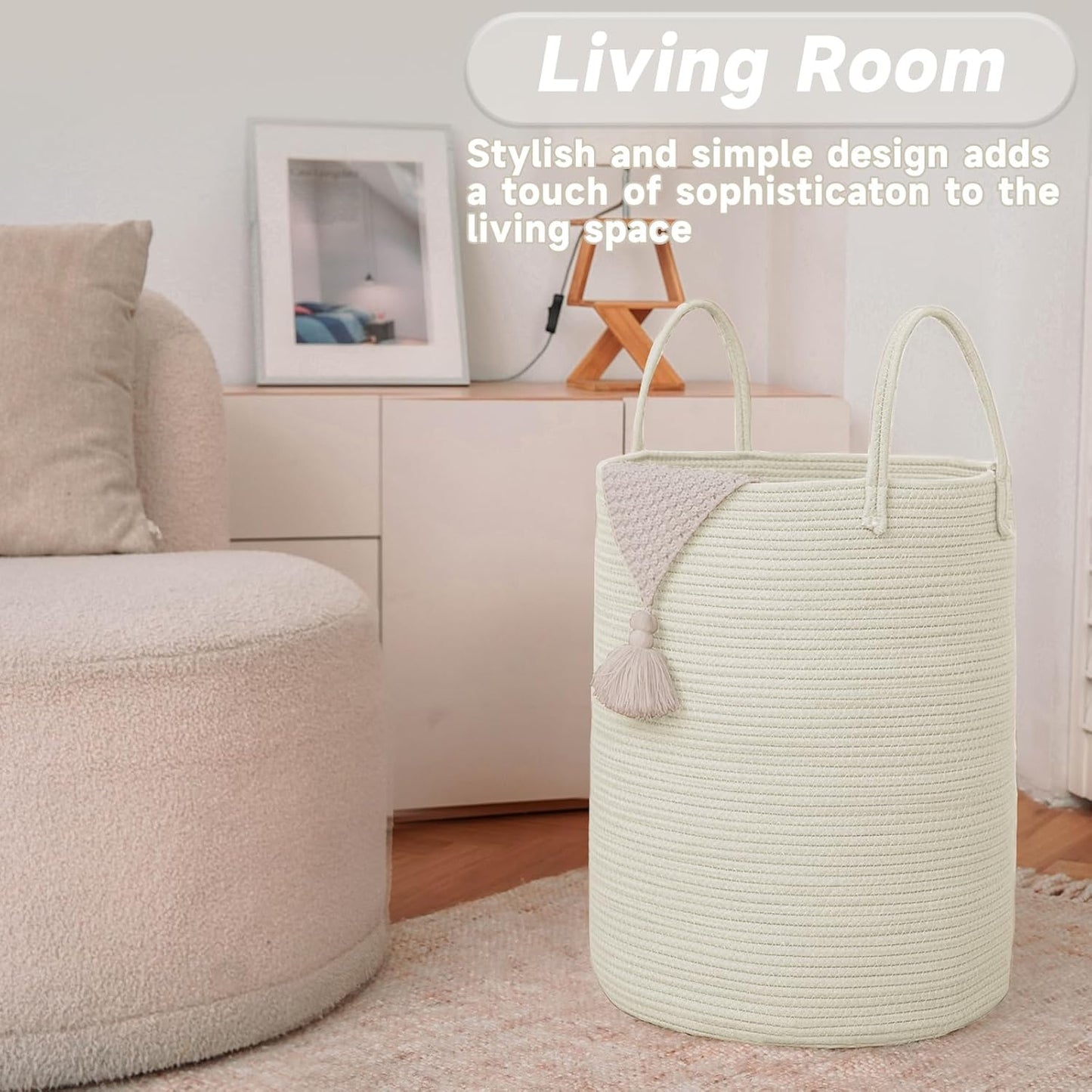 Large Woven Laundry Basket Hamper,80L Cotton Rope Storage Bin for Blankets,Toys and Clothes,Decorative Tall Nursery Hamper for Living Room,Baby Nursery,Bathroom and Bedroom,White