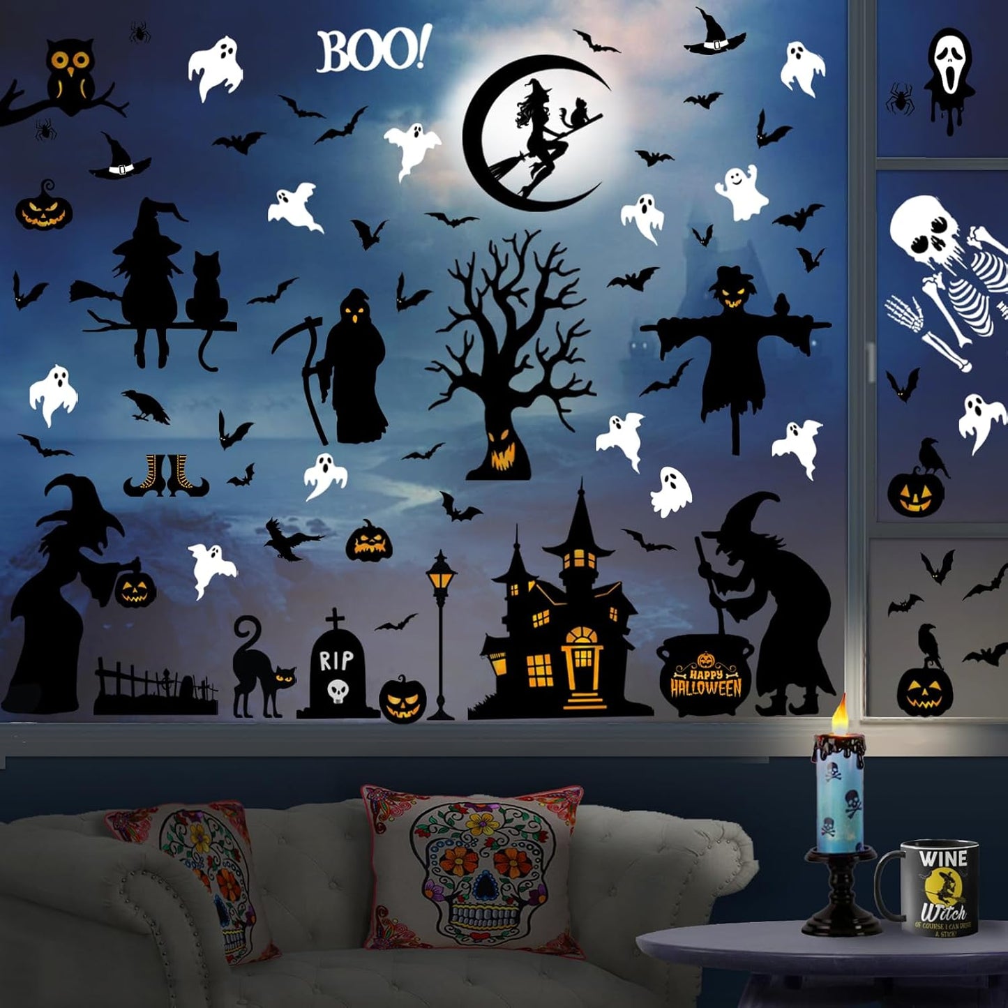 150 Pcs Halloween Window Clings Bats Witches with Cauldron Halloween Window Decoration | Large-Size Double-Side Skeletons Windo Clings Hallowee Party Decoration Reusable & Removable