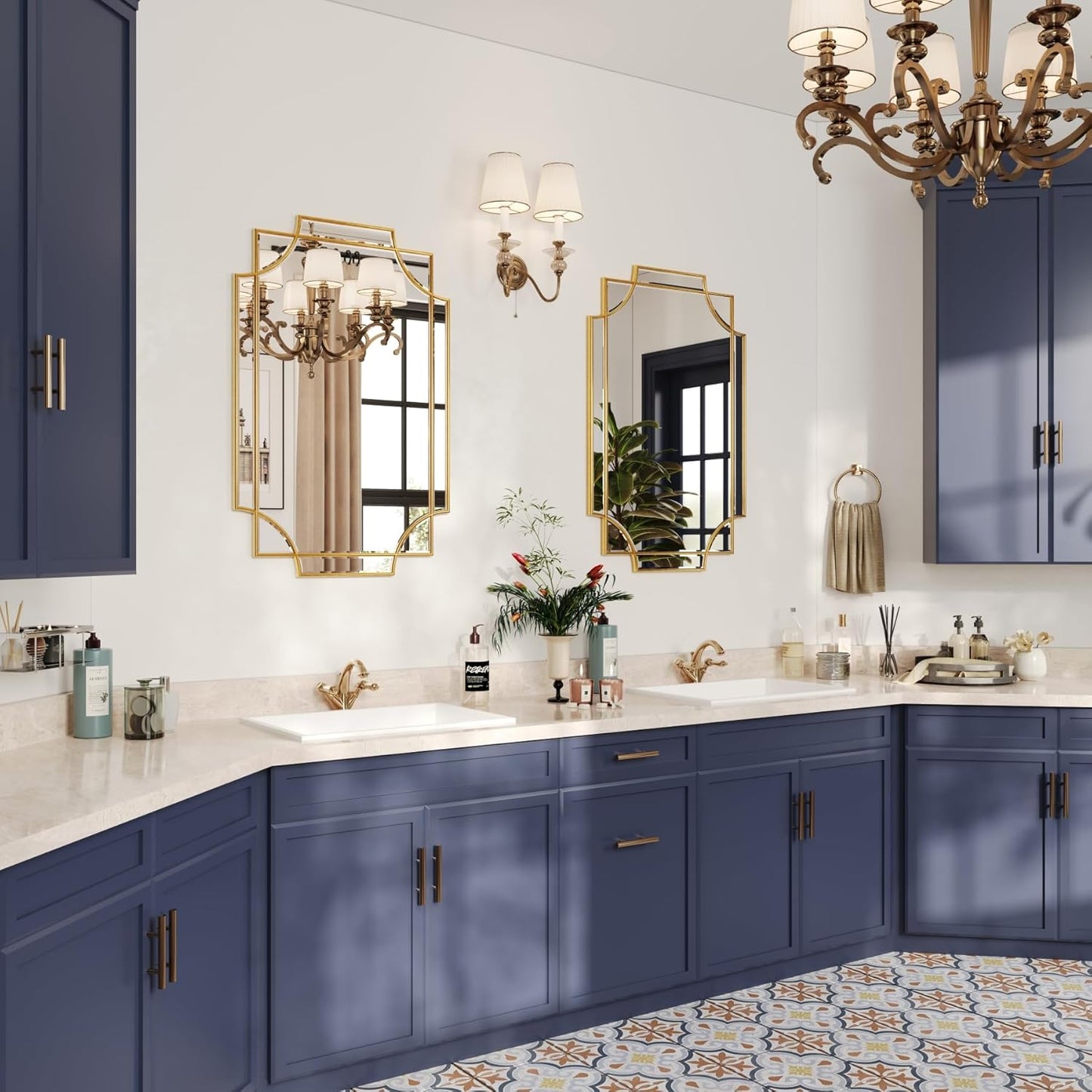 Kelly Miller Gold Bathroom Mirror for Wall, 24"x36" Large Decorative Mirror Gold Wall Mirror Vanity Mirror Beveled Wall Decor for Master Bath Half Bath Living Room Bedroom Fireplace Mantle Entryway