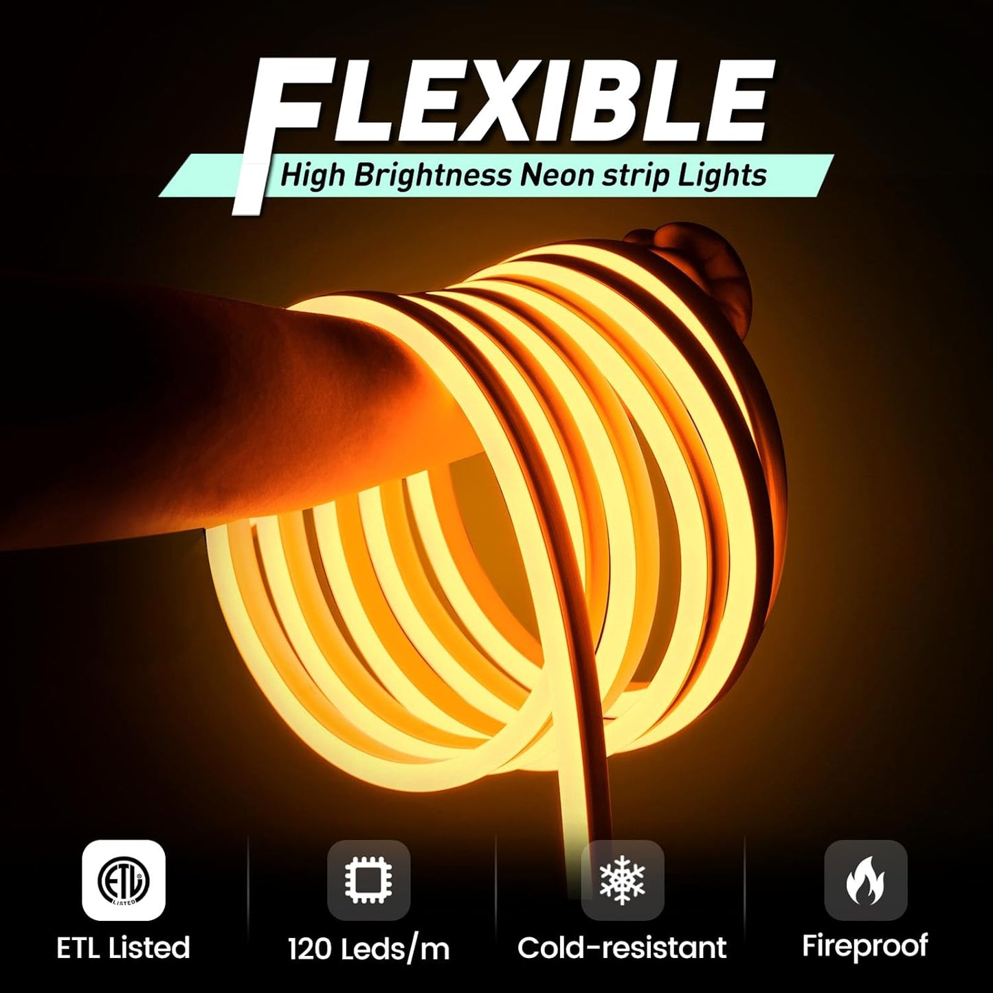 GZBtech Flexible LED Neon Rope Lights 16.4FT,AC 110-120V Waterproof Strip Light, 120LEDs/M Cuttable Connectable Neon Lighting for Indoor Outdoor Home Decor/Commercial Building Use-Amber 5M