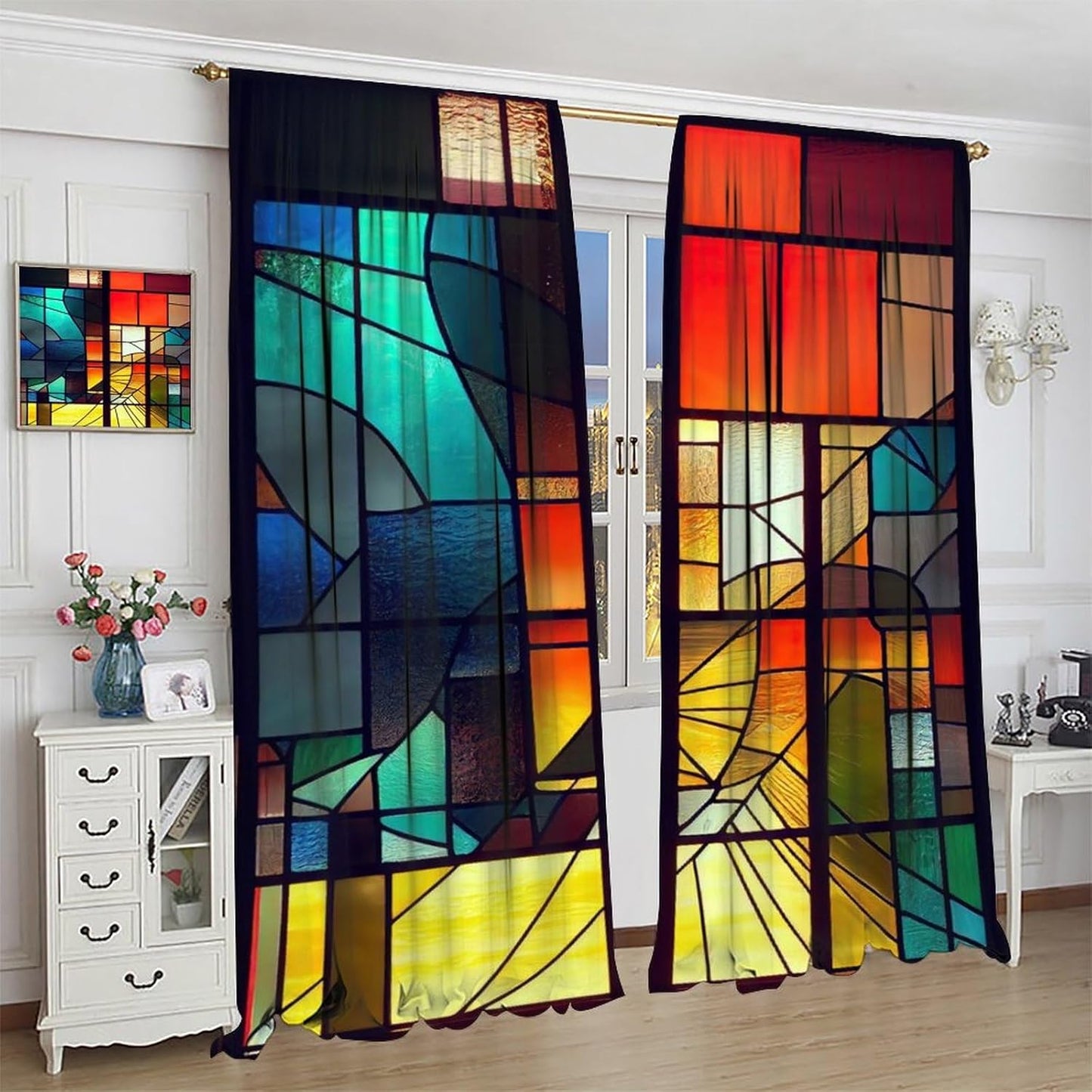 Stained Glass Curtains,Retro Abstract Colorful Geometry Textures Art Home Decor Drapes for Bedroom Living Room Kitchen Window Treatment 2 Panels Set Total Size 42" W X 54" L Inch