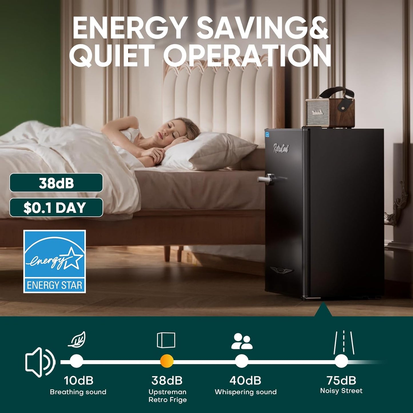 Upstreman 3.2 Cu.Ft Retro Mini Fridge with Bottle Opener, Energy Saving, Adjustable Thermostat, Metal Handle, LED Lamp, Mini Refrigerator for Bedroom, Office, Dorm-BR321 PRO (Black)