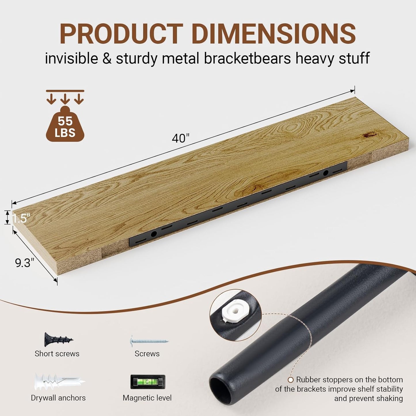 Heimlove 40 Inches Floating Shelves for Wall,9.3" Deep Oak Long Floating Shelves Set of 2,Large Display & Storage Shelf,Wall Shelf for Bathroom Bedroom Living Room Kitchen Office