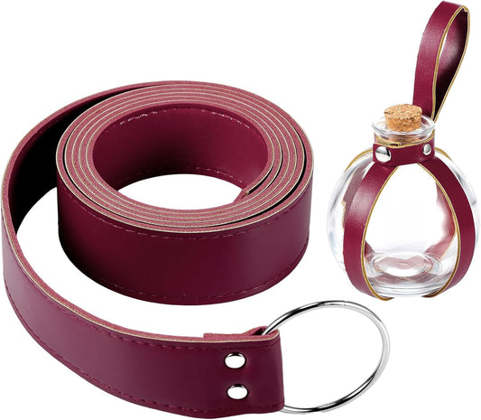 Boao Potion Bottles with Cork Set Dark Magic Cork Round Potion Bottle with Leather Belt Clear Glass Large for Halloween Costume Props DIY Crafts Decorative, 200 ml(Claret)