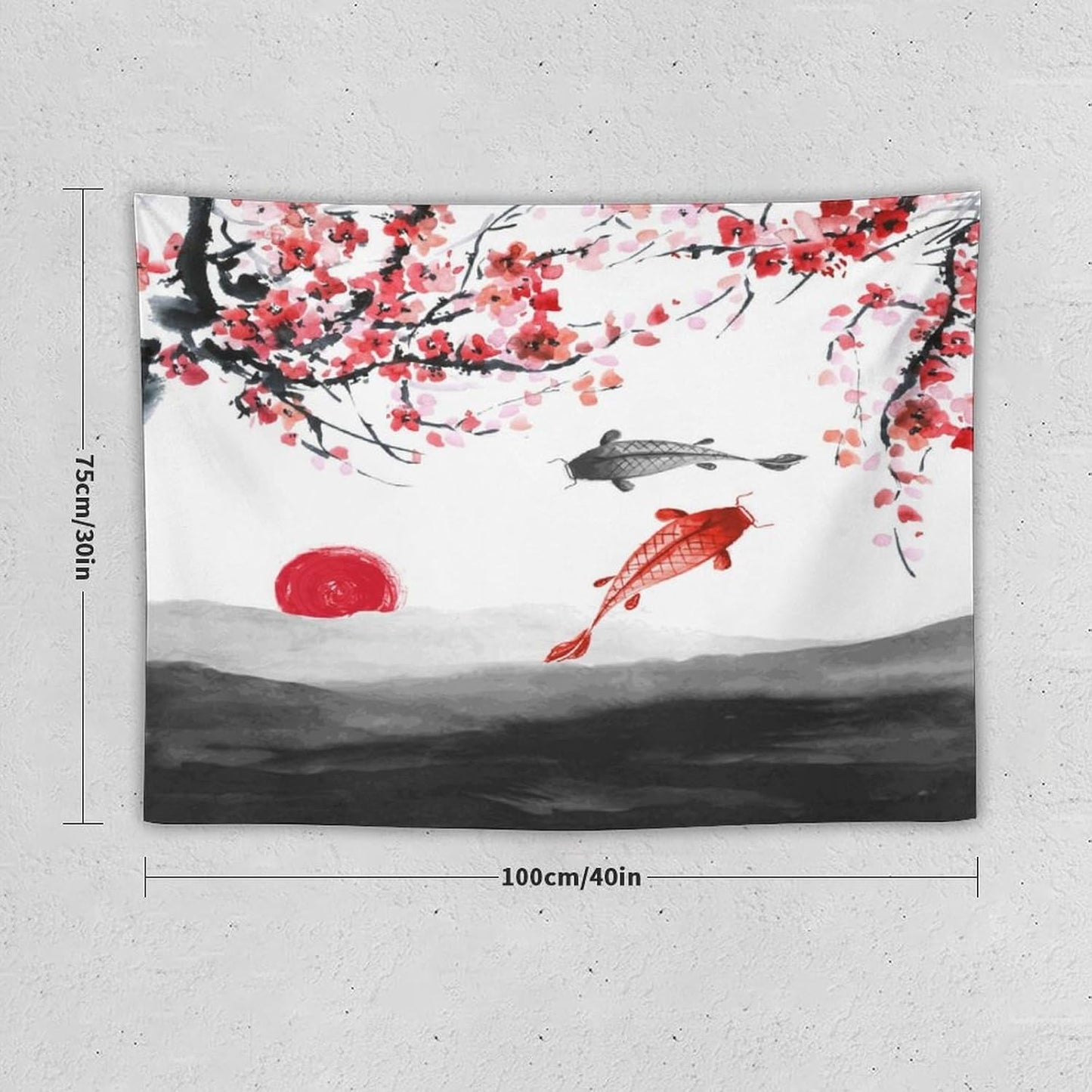 Japanese Koi Fish Tapestries, Cherry Blossoms Asian Oriental Flower Branch Koi Fish Carp Tapestry Wall Hanging for Bedroom Living Room Office Decor 40"x30"