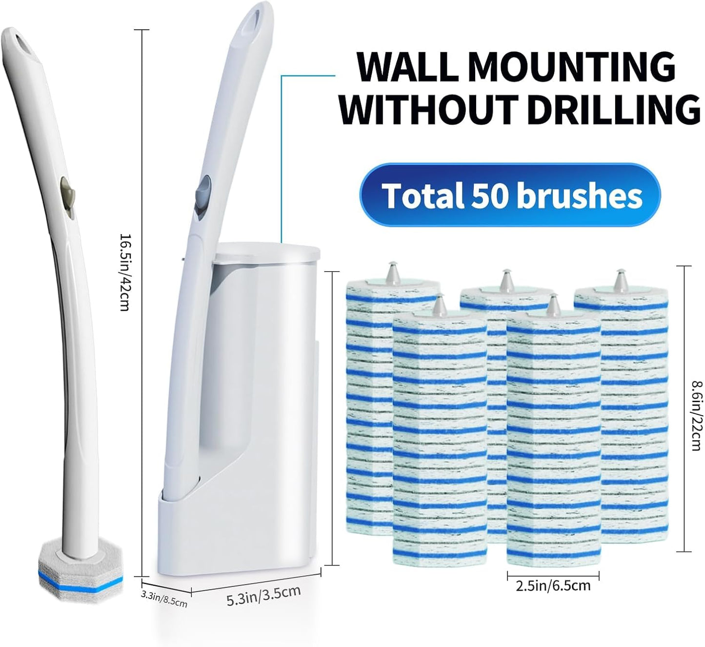 Disposable Toilet Brush Cleaning System with 50pcs Refills Pads Replacement Heads, Toilet Cleaning Stick, Wall Mounted Toliet Wand Kit Bathroom Maintenance, Toilet Bowl Cleaner Wands Holder and Set