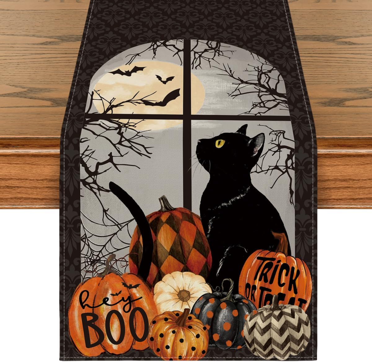 Artoid Mode Black Cat Pumpkins Boo Halloween Table Runner, Trick Or Treat Seasonal Kitchen Dining Table Decoration for Home Party Decor 13x36 Inch