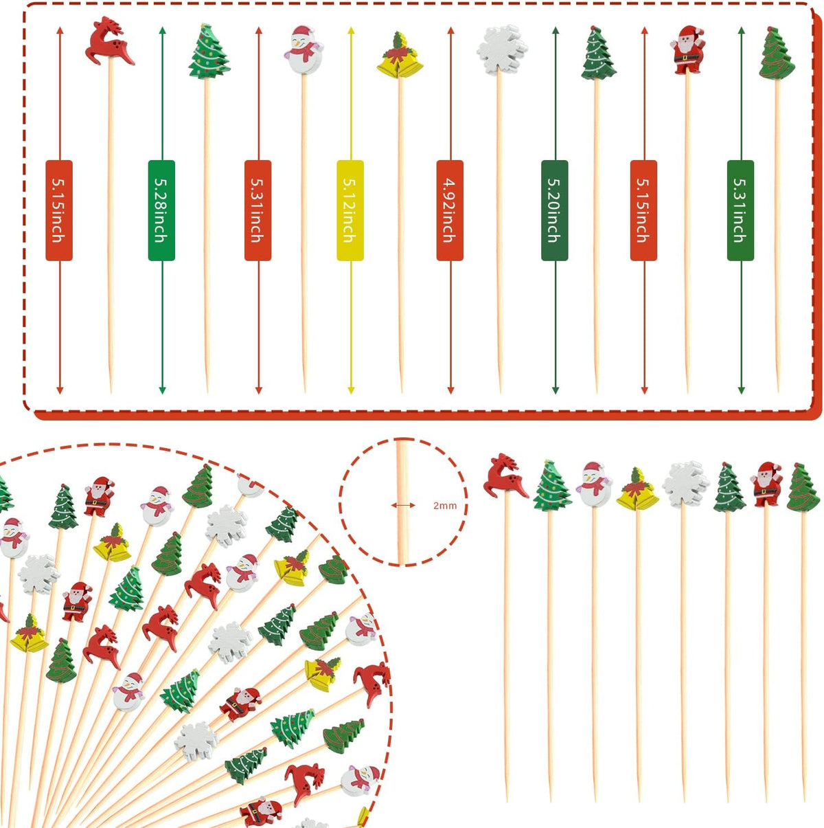 Christmas Cocktail Picks Toothpicks Fruit Dessert Sticks Food Sandwich Appetizer Charcuterie Skewers for Xmas Tree Snowman Elk Snowflake Christmas Decorations Themed Party Supplies, 5", 100 Count
