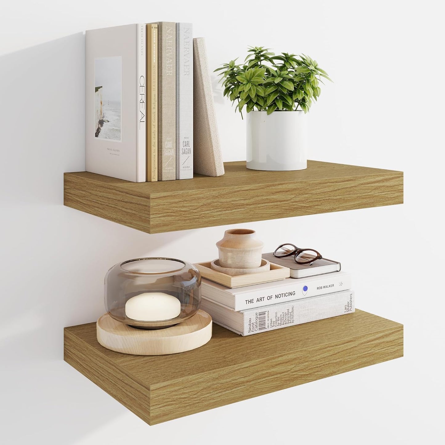 Marsmiles 16" Floating Shelves for Wall, Wooden Shelves with Invisible Brackets Set of 2, Rustic Farmhouse Wall Mounted Shelf for Kitchen Bathroom Living Room Study, Natural Oak