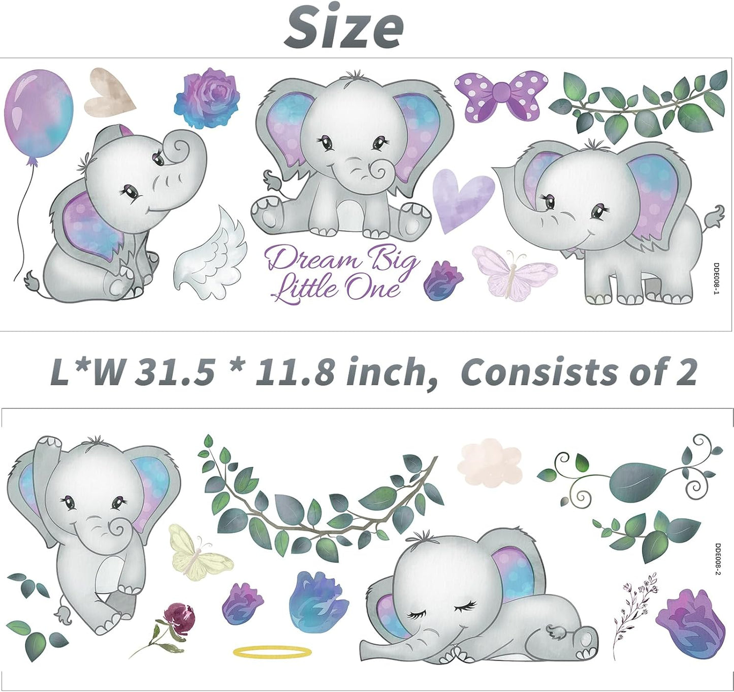 Wall Decals Stickers Dream Big Little One Elephant Wall Stickers Wall Murals Peel and Stick Removable Purple Rose Elephant Wall Decor for Baby Shower Room Nursery Boys Girls Bedroom Playroom Classroom